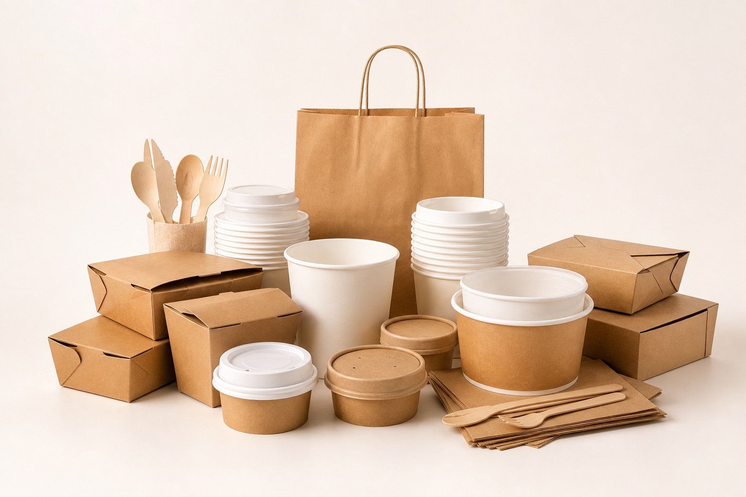 Selección de envases, vasos, bowls, bolsas y packaging para negocios